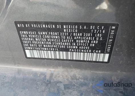 2017 Volkswagen Golf Alltrack Tsi S/Tsi Se/Tsi Sel from USA, damaged, VIN 3VWH17AU7HM518915